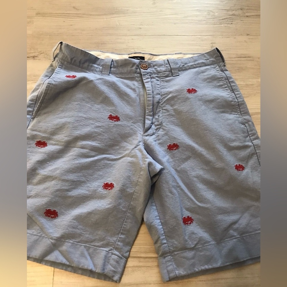 J Crew Sunwashed Oxford Chinos Shorts Coastal Summer Blue Red Crabs Men Size 30w